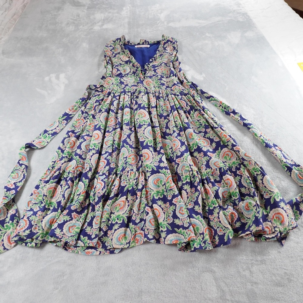 Banjaran Floral Silk Dress Womens XS Blue Knee Length Ruffle Full Skirt Tie Back - Picture 12 of 14